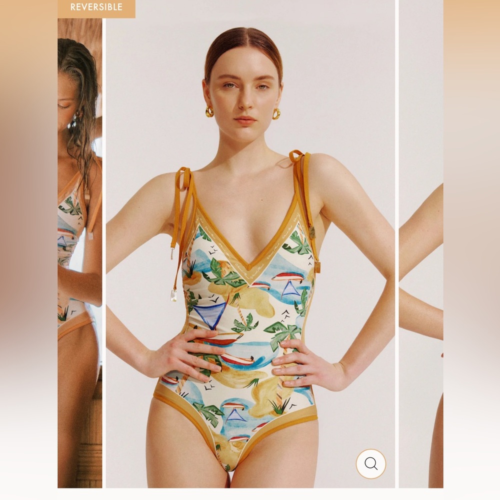 Visual Mood - Reversible Tropical Print One-Piece Swimsuit with Mustard Trim